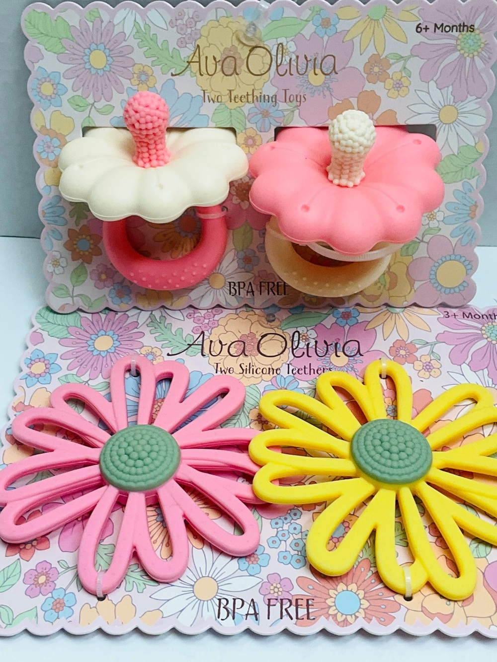 NWT AVA OLIVIA 4pc Baby Girl Floral Teething Toy Set - Pink, Yellow, Cream